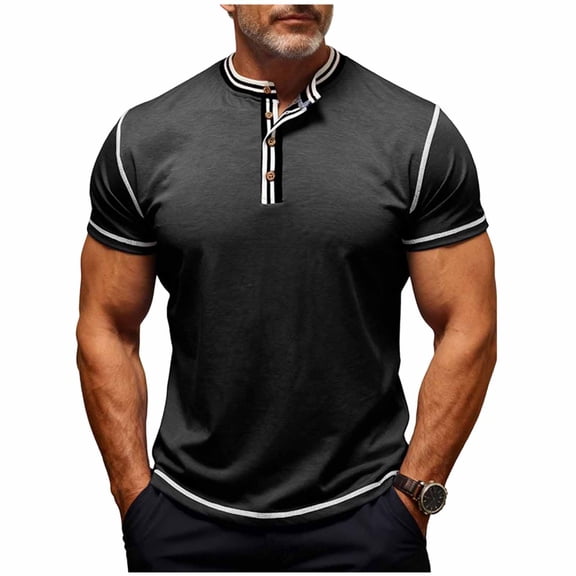 Stamzod Mens T-Shirts Summer Short Sleeve Button Pullover Tops Crewneck Casual Workout Shirts for Men Black D L