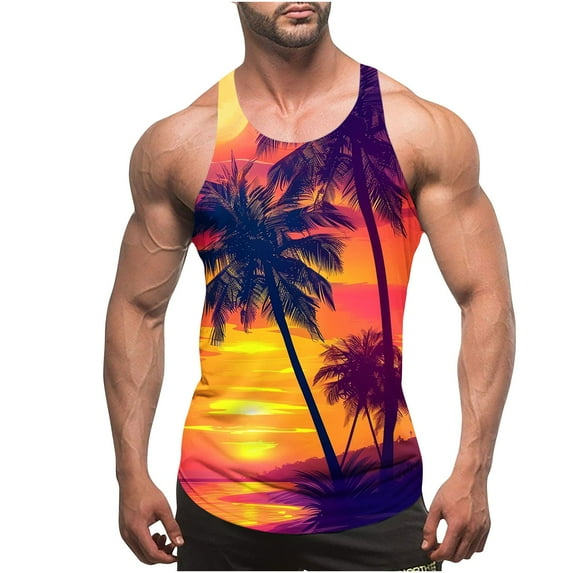 Stamzod Mens Tank Tops Summer Beach Sleeveless Shirts Palm Tree Vacation Muscle Tank Top Men Gym Plus Size Clothes Multicolor E M