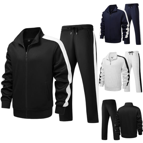 Stamzod Mens Track Suits 2 Piece Set Fashion Patchwork Long Sleeve Zip Up Jacket and Sweatpants Plus Size Sweatsuits for Men Dark Blue-1 XXXXL