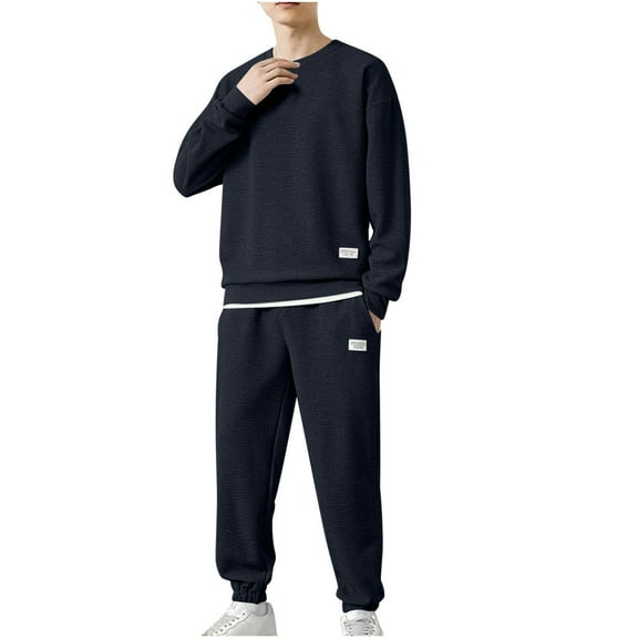 Stamzod Mens Track Suits 2 Piece Set Solid Color Long Sleeve Crewneck Sweatshirt and Sweatpants Casual Plus Size Jogging Suit for Men with Pocket Navy XXXXXL