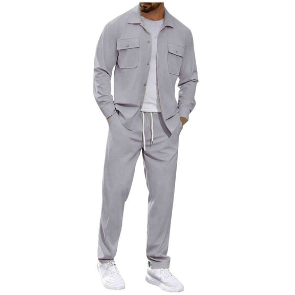 Stamzod Mens Track Suits 2 Piece Set Solid Color Turndown Long Sleeve Jacket Shirts and Pants with Drawstring Business Casual Outfits for Men Gray-1 XL