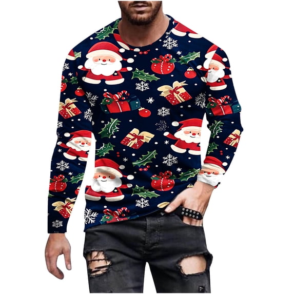 Stamzod Mens Tshirts Fashion Christmas Printed Crewneck Long Sleeve Shirts Casual Oversized Tshirts for Men Christmas Gifts Multicolor-8 L