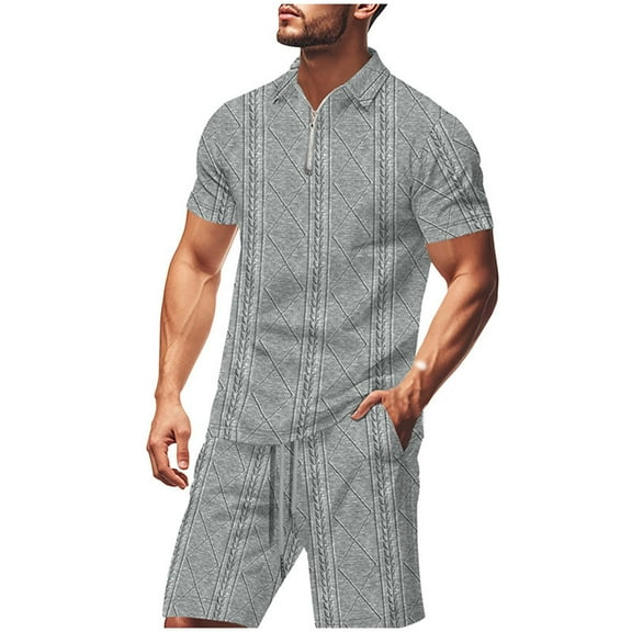 Stamzod Mens Two Piece Summer Outfit Solid Color Short Sleeve Turndown Shirts and Shorts Daily Casual Oversized Track Suits for Men Set Gray B S