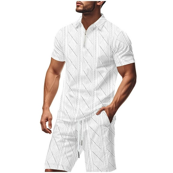 Stamzod Mens Two Piece Summer Outfit Solid Color Short Sleeve Turndown Shirts and Shorts Daily Casual Oversized Track Suits for Men Set White B S