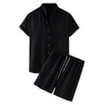 thumbnail image 1 of Stamzod Mens Vacation Outfits 2 Piece Set Summer Cotton and Linen Short Sleeve Button Down Shirts and Shorts Casual Men Short Sets Outfits Black S, 1 of 6