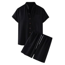 Stamzod Mens Vacation Outfits 2 Piece Set Summer Cotton and Linen Short Sleeve Button Down Shirts and Shorts Casual Men Short Sets Outfits Black S