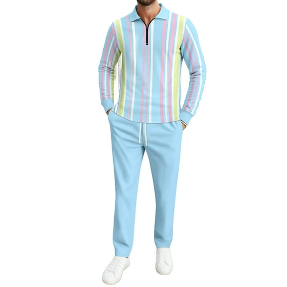 Stamzod Mens Vacation Outfits Fashion Strip Printing Quarter Zip Pullover Men Tops and Sweatpants Casual Track Suits Mens Sweatsuit Light Blue XL