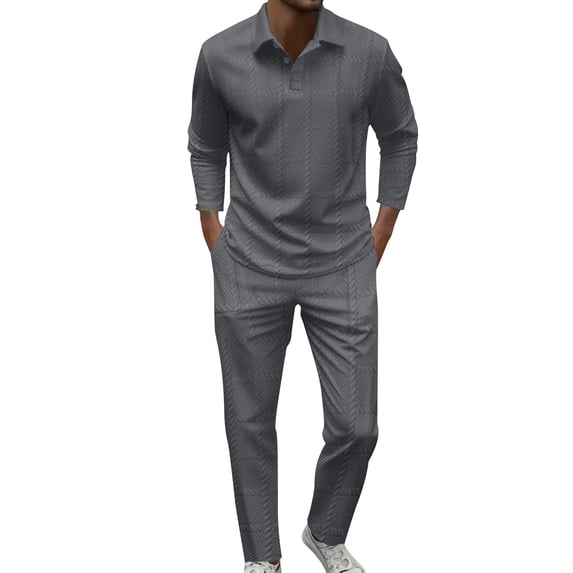 Stamzod Mens Vacation Outfits Solid Color Turndown Long Sleeve Pullover Tops and Long Pants Business Casual 2 Piece Set for Men Gray-2 XXXL