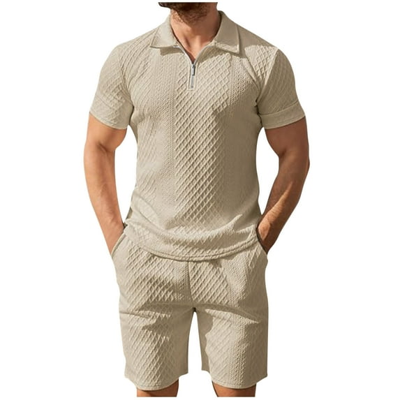 Stamzod Mens Vacation Outfits Solid Color Turndown Short Sleeve Shirts and Casual Shorts Set Plus Size Summer Sweatsuits for Men Khaki C XXXL