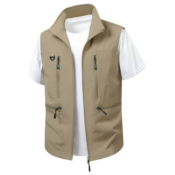 Stamzod Mens Vests Outerwear with Pocket Solid Color Stand Collar Sleeveless Black Vest Outdoor Casual Workout Jackets for Men Khaki XXXL