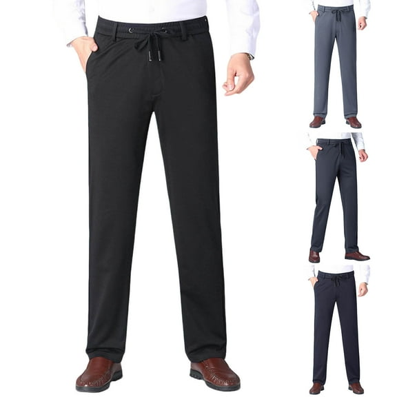 Stamzod Mens Work Pants Solid Color Elastic Waist Straight Business Casual Pants with Pockets Plus Size Dress Pants for Men Navy-9 XL