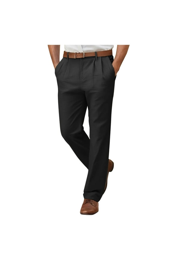 Mens Work Pants with Pocket Fashion Solid Color Flat Front Business Casual Pants Officewear Lounge Loose Straight Dress Pants for Men Black L