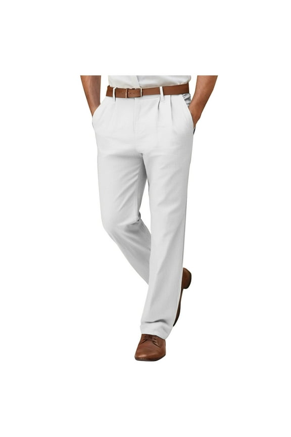 Mens Work Pants with Pocket Fashion Solid Color Flat Front Business Casual Pants Officewear Lounge Loose Straight Dress Pants for Men White L