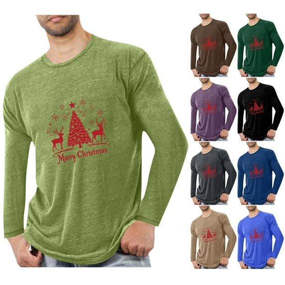 Stamzod Mens Workout Shirts Fashion Christmas Printed Crewneck Long Sleeve Oversized Tshirts Home Casual Pajama T-Shirts for Man Khaki-4 XXXXL