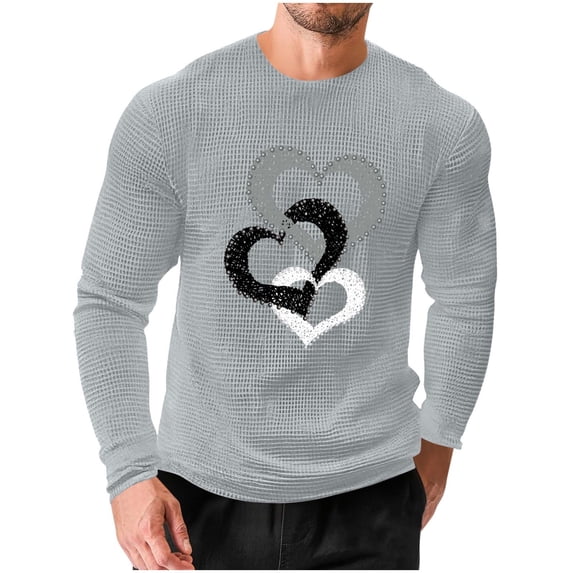 Stamzod Mens Workout Shirts Lover Heart Print Long Sleeve Gym T Shirt Home Wear Casual Valentines Pajamas Tshirts Shirts for Men Gray XL