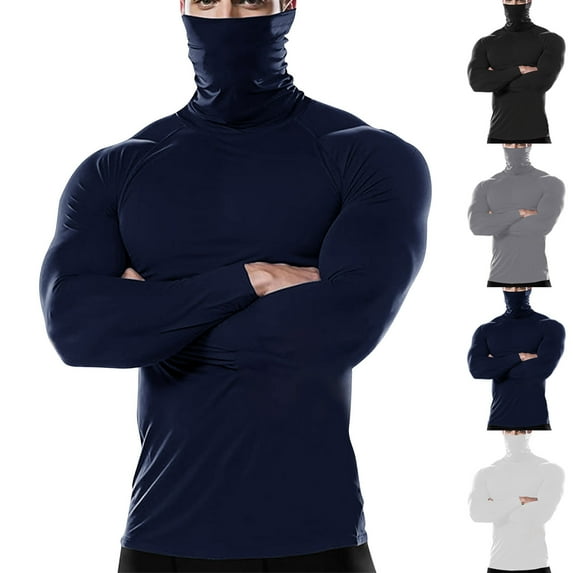 Stamzod Mens Workout Shirts with Mask Solid Color Long Sleeve Pullover Tops Casual Gym Athletic Shirts for Men Navy XL