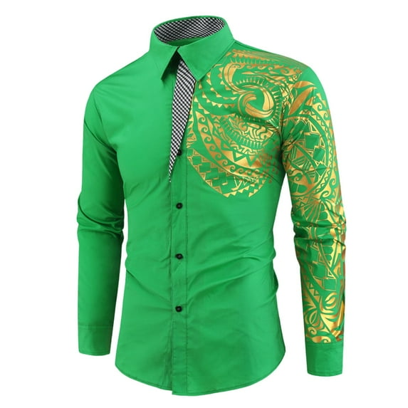 Stamzod Menslong Sleeve Dress Shirts Retro Print Button Down Compression Shirts for Men Slim Fit Wrinkle-Free Fall Winter Shirts Outdoor Streetwear On