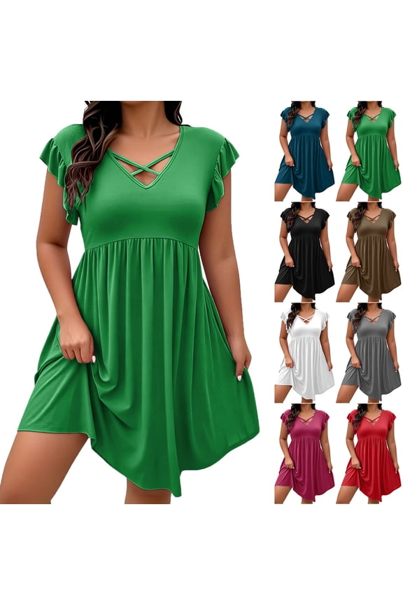 Mini Dresses for Women Summer Ruffle Short Sleeve Knee-Length Short Dress Plus Size Flared Casual Dress Navy XXL