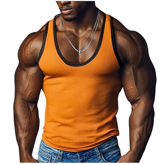 Stamzod Muscle Shirts for Men Solid Color Summer Sleeveless Tank Tops Men Casual Fitness Running Gym Workout Shirt Orange S