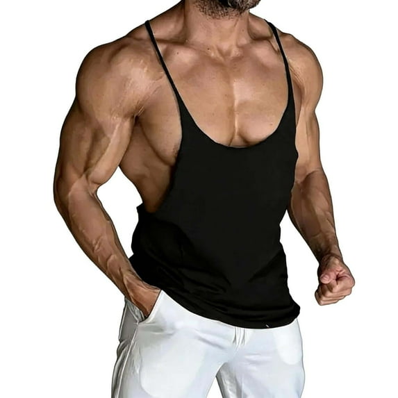Stamzod Muscle Shirts for Men Solid Color Workout Gym Tank Top Men Casual Sleeveless Spaghetti Strap Tank Tops Black S