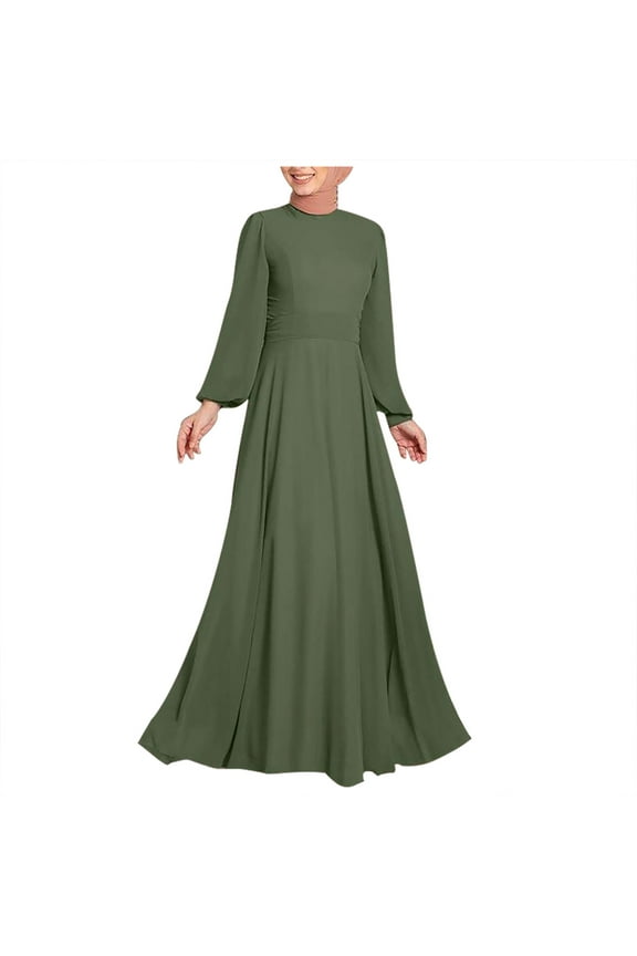 Muslim Long Sleeve Solid Dress Women Spring Elegant Sundress Party Maxi Dress Dubai Turkey Casual Abaya Robe Femme Green M