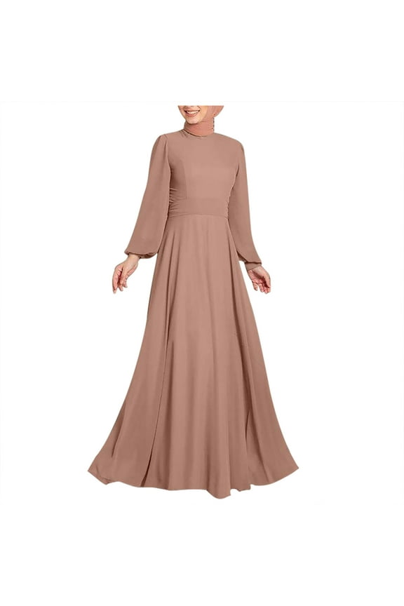 Muslim Long Sleeve Solid Dress Women Spring Elegant Sundress Party Maxi Dress Dubai Turkey Casual Abaya Robe Femme Pink S