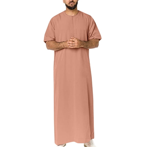 Stamzod Muslim Men Clothing With Zipper Solid Color Short Sleeve Mens T-Shirts Loose Comfy Plus Size Mens Robe On Clearance