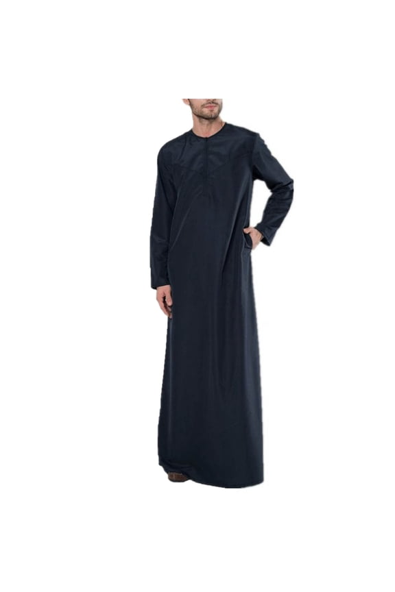 Muslim Robe for Men Half Zip Long Sleeve Dresses Shirts Kaftan Islamic Long Gown Plus Size Saudi Arab Dubai Robe with Pockets On