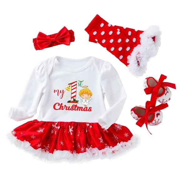 Stamzod My 1St Christmas Toddler Newborn Baby Girls Princess Letter Tutu Dress Set Christmas Outfits 4Pcs Suit Xmas Outfit 0-24Months