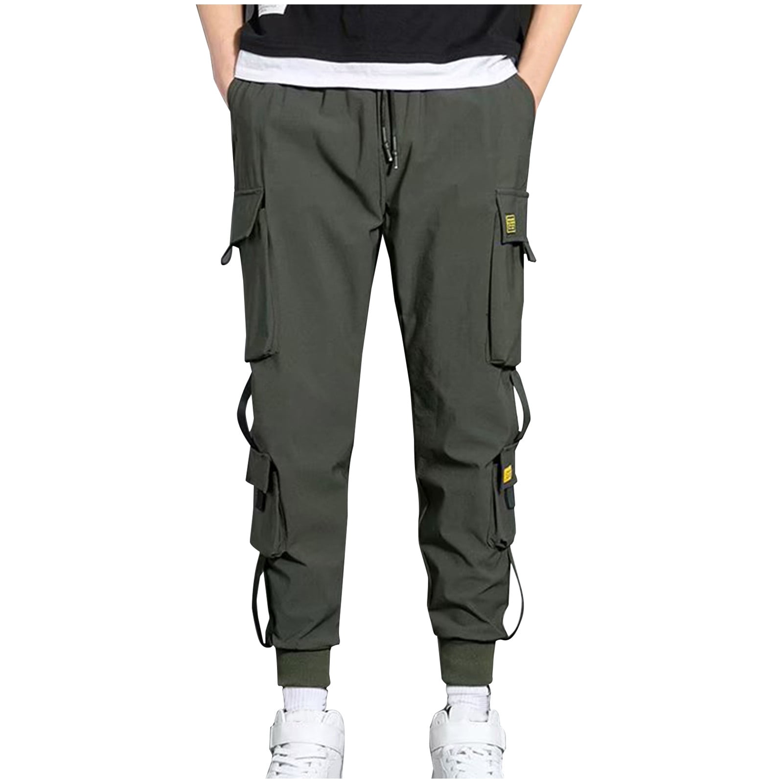 Men Cargo Pants Black Ribbons Block Multi-Pocket Harem Joggers Sweatpant  Hip Hop Casual Male Trousers 