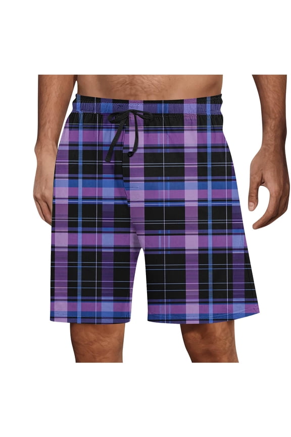 Night Shorts for Men Fashion Plaid Summer Oversized Sleeping Shorts Elastic Waist Casual Short Pajamas for Men Purple-4 XL