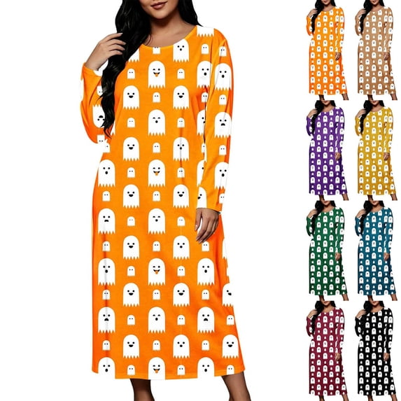 Stamzod Nightgowns for Women Plus Size Halloween Night Dress Loose Casual Long Sleeve House Dress Sleepwear L