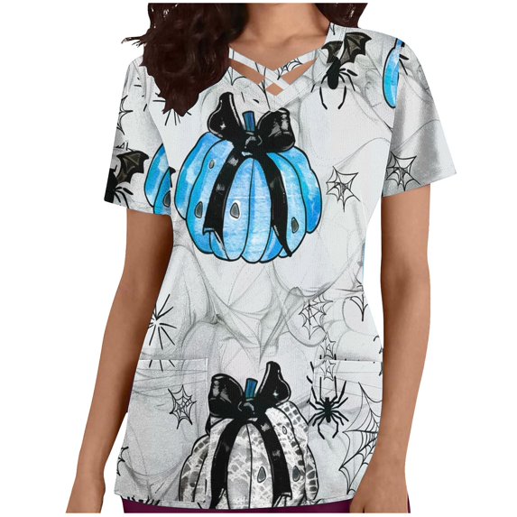 Stamzod Nursing Uniforms for Women Halloween Batss Pumpkin Printed Working Tee Shirts Short Sleeve Cross V Neck Scrub Tops with Pockets on Sale
