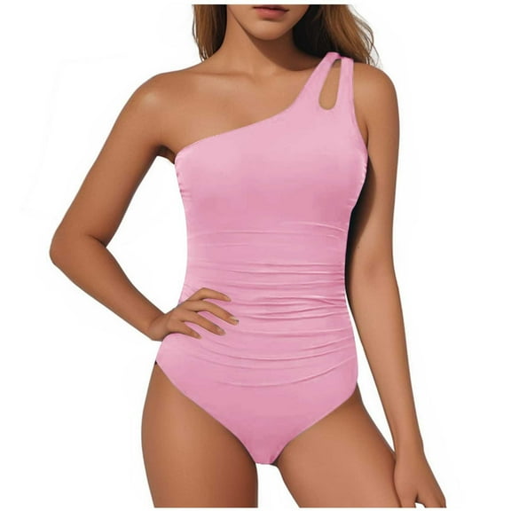 Stamzod One Piece Bathing Suit for Women Solid Color One Shoulder Swimsuit Tummy Control Swim Suits for Women 2026 Pink XXL