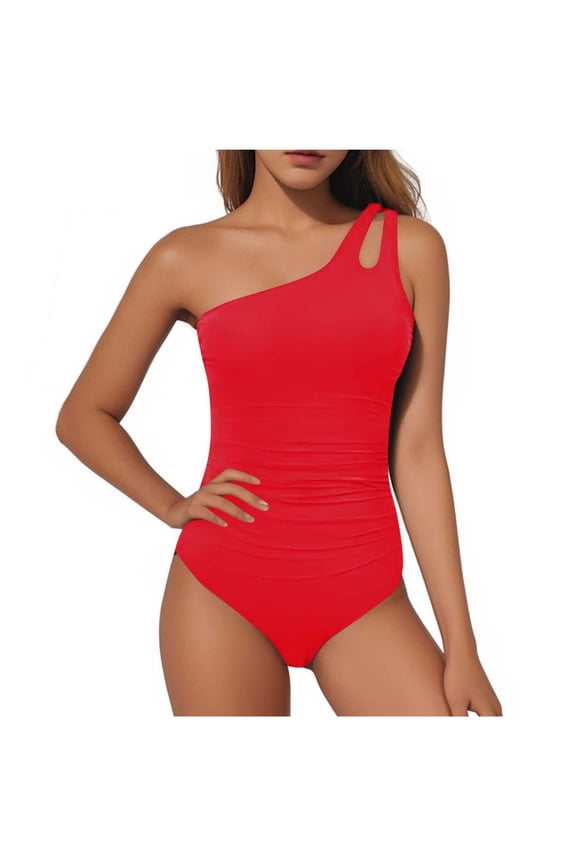 One Piece Bathing Suit for Women Solid Color One Shoulder Swimsuit Tummy Control Swim Suits for Women 2026 Red B L