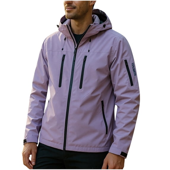 Stamzod Outdoor Hiking Rain Jacket Men Solid Color Long Sleeve Hooded Wind Breaker Jackets Mens Casual Oversized Athletic Waterproof Jacket with Pocket Hot Pink C S