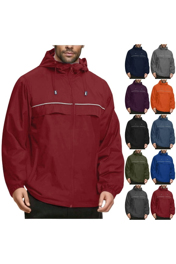 Outdoor Rain Jacket Men Solid Color Long Sleeve Waterproof Jacket with Pocket Casual Travel Hiking Windbreaker Jackets for Men Blue C XXXL