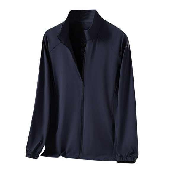 Stamzod Outdoor Workout Sun Shirts for Men Summer Solid Color Zip Up Camping Hiking Rash Guard Casual Loose Fishing Shirts for Men Long Sleeve UV Protection Shirts Dark Blue L