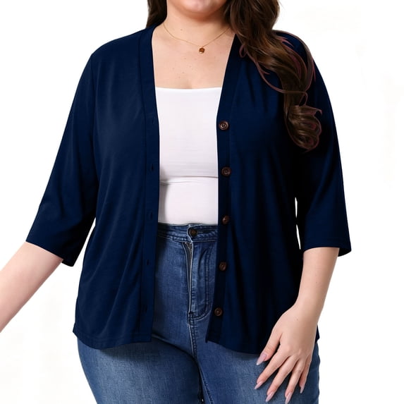 Stamzod Oversized Cardigans for Women 3/4 Length Sleeve Lightweight Summer Cardigan Open Front Button Up Cover Up Tops Navy B XXXXL
