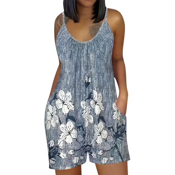 Stamzod Oversized Rompers for Women Sleeveless One Piece Jumpsuit Floral Wide Leg Shorts Romper with Pockets Gray XXL