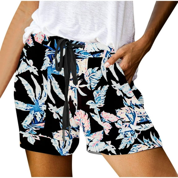 Stamzod Oversized Shorts for Women Summer Floral Printing Lightweight Elastic Waist Shorts Casual Loose Drawstring Shorts for Women on Clearance Black A XXL