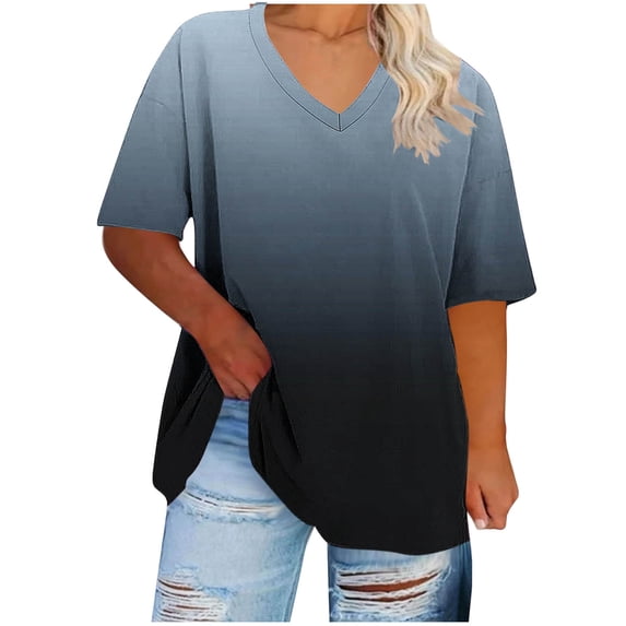 Stamzod Oversized Tshirts for Women V-Neck Short Sleeve T-Shirts Summer Basic Tees Trendy Gradient Gray-1 XXXL