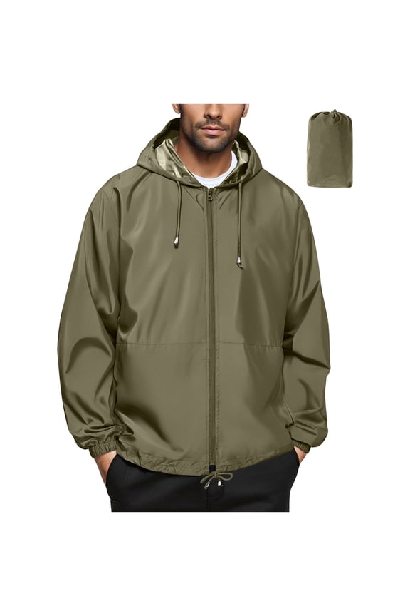 Packable Rain Jacket Mens Solid Color Long Sleeve Full-Zip Rain Coats with Hood Outdoor Travel Hiking Casual Windbreaker Jackets for Men Army Green XXL