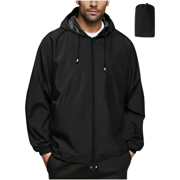 Stamzod Packable Rain Jacket Mens Solid Color Long Sleeve Full-Zip Rain Coats with Hood Outdoor Travel Hiking Casual Windbreaker Jackets for Men Black XL