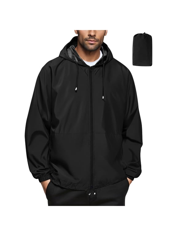 Packable Rain Jacket Mens Solid Color Long Sleeve Full-Zip Rain Coats with Hood Outdoor Travel Hiking Casual Windbreaker Jackets for Men Black XL