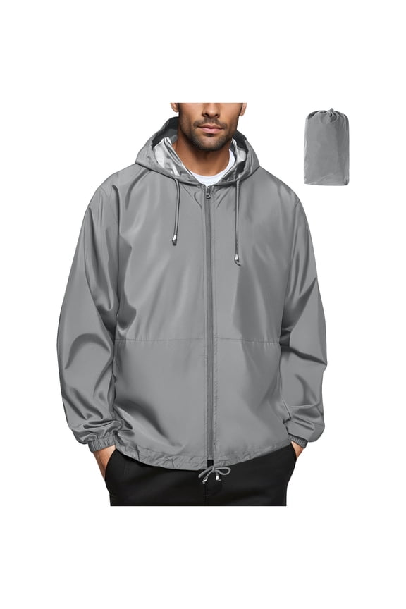 Packable Rain Jacket Mens Solid Color Long Sleeve Full-Zip Rain Coats with Hood Outdoor Travel Hiking Casual Windbreaker Jackets for Men Gray L