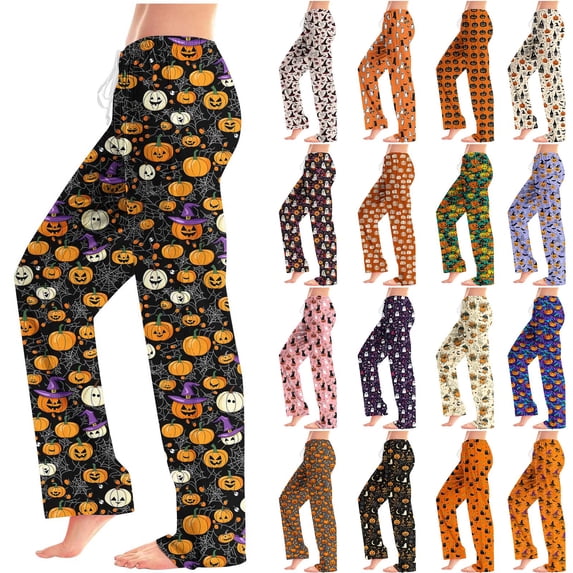 Stamzod Pajama Pants for Women Pumpkin Ghost Bat Print Drawstring Sleep Pants Casual Loose Comfy Pants 2026 Halloween Pajamas XXL