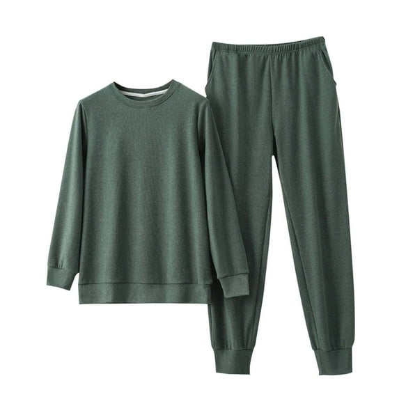 Stamzod Pajamas for Women Set Solid Color Round Neck Warm Tops and Pants Casual Nightwear Home Clothes Lounge Sets for Women Army Green-1 L