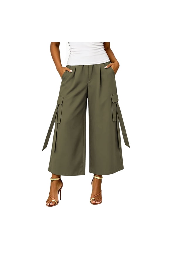 Palazzo Capri Pants for Women Dressy Casual Wide Leg Cargo Capris Summer Cropped Work Trousers with Pockets Army Green L