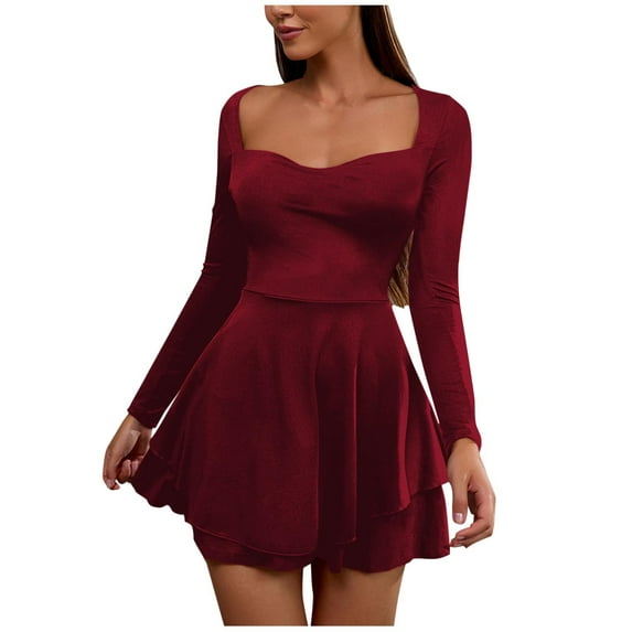 Stamzod Party Dresses for Women 2025 Square Neck Long Sleeve Ruffle Dress Fall Winter Fashion Solid Color formal Wedding Guest Dress Women's Clothing Wine L